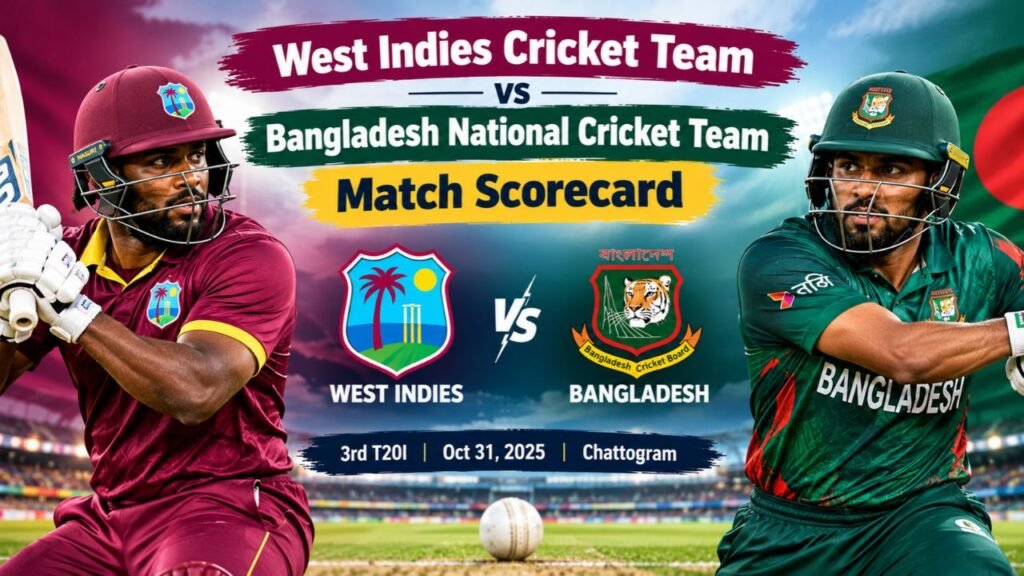 West Indies Cricket Team vs Bangladesh National Cricket Team Match Scorecard featuring both teams, 3rd T20I match details, and cricket players on the field.
