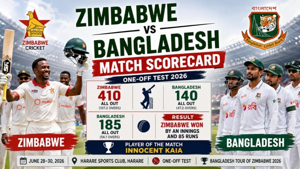 Zimbabwe national cricket team vs Bangladesh national cricket team match scorecard infographic showing the Test scores, match result, and Player of the Match Innocent Kaia.