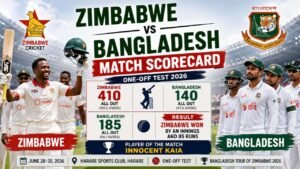 Zimbabwe national cricket team vs Bangladesh national cricket team match scorecard infographic showing the Test scores, match result, and Player of the Match Innocent Kaia.